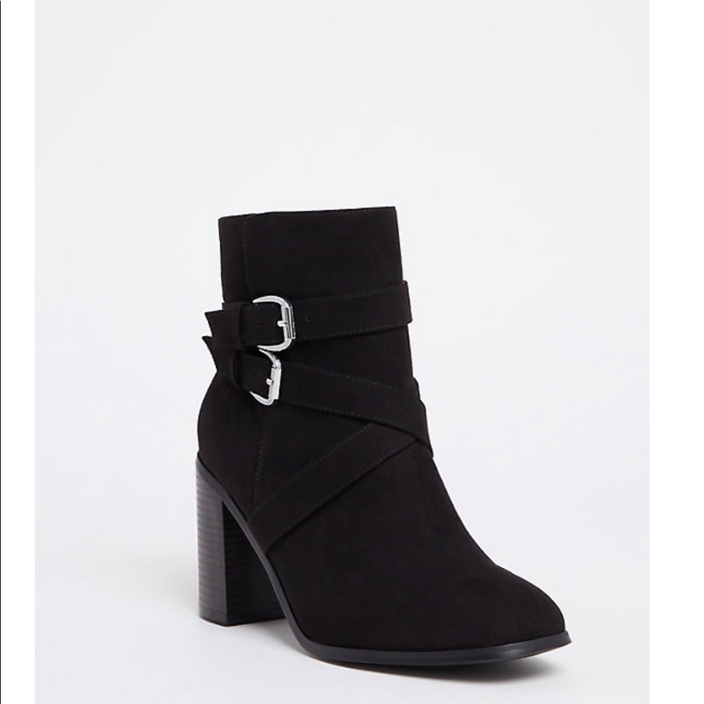 Black faux suede buckle bootie